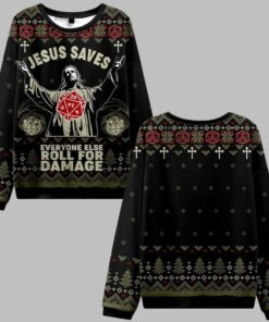 2025 Christmas Jesus Saves Everyone Else Roll for Damage Ugly Christmas Sweater  