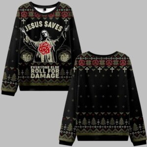 2025 Christmas Jesus Saves Everyone Else Roll for Damage Ugly Christmas Sweater - Grishko.com