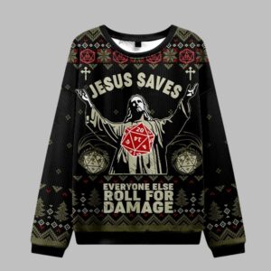 Alternative view of 2025 Christmas Jesus Saves Everyone Else Roll for Damage Ugly Christmas Sweater - Grishko.com