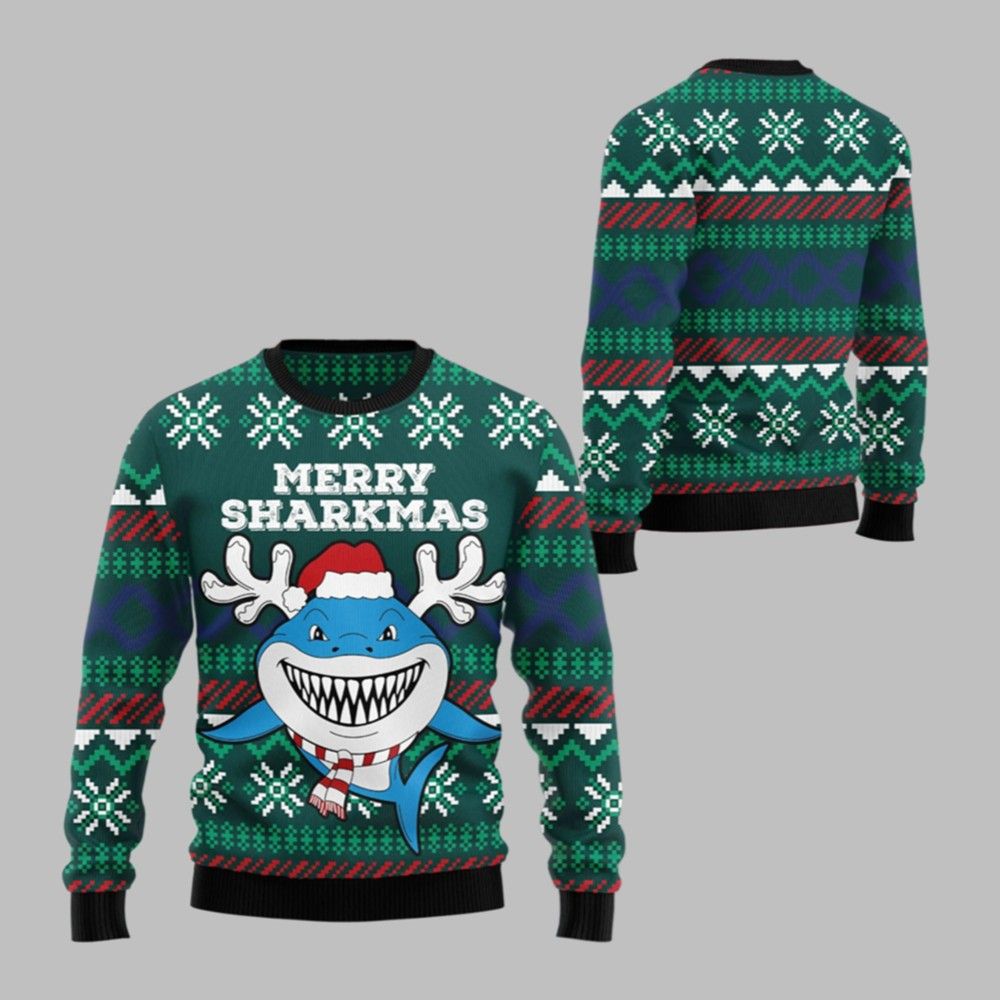 2025 Christmas Merry Sharkmas Ugly Christmas Sweater - Grishko.com