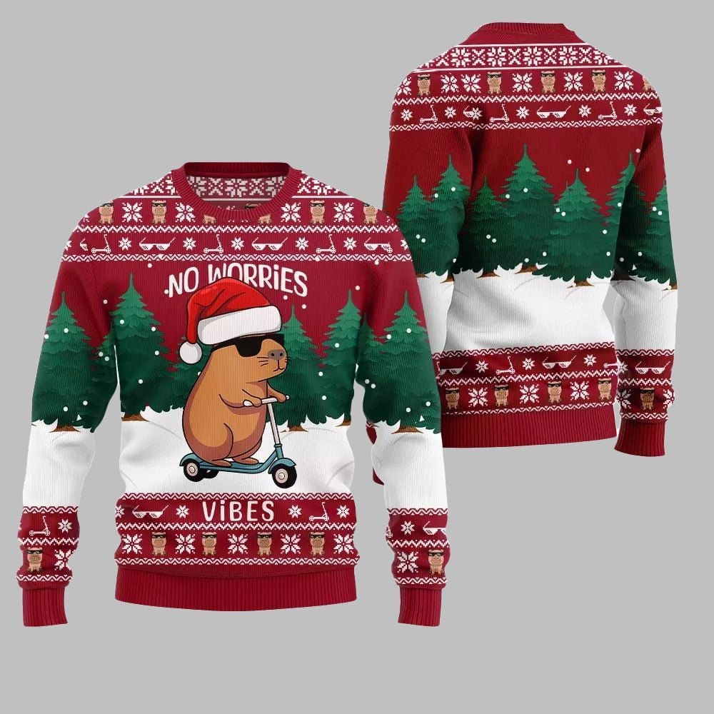 2025 Christmas No Worries Vibes Capybara Ugly Christmas Sweater - Grishko.com