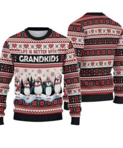 Alternative view of 2025 Christmas Penguins Life is Better with Grandkids Christmas Ugly Sweatshirt 