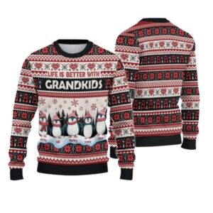 Alternative view of 2025 Christmas Penguins Life is Better with Grandkids Christmas Ugly Sweatshirt - Grishko.com