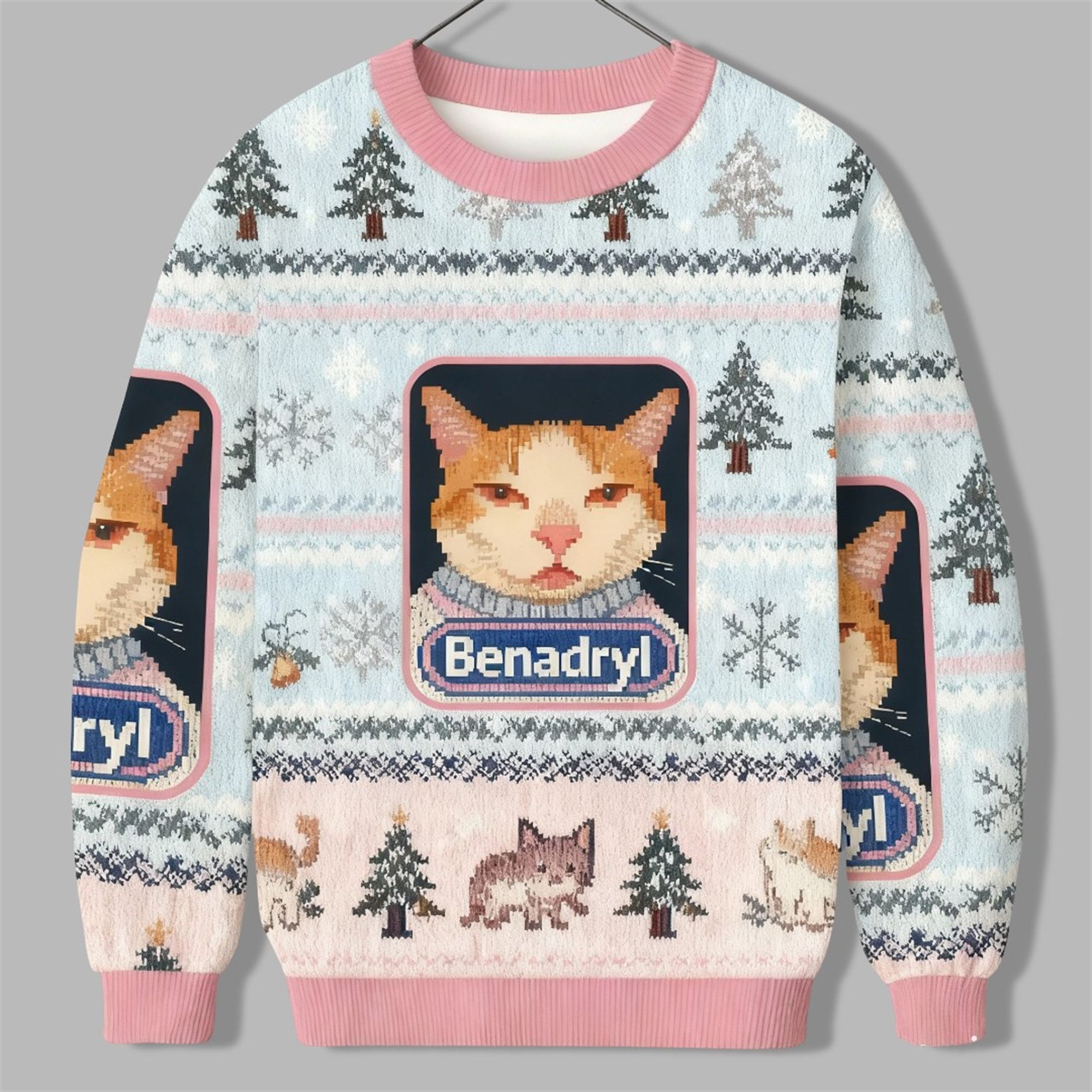 2025 Christmas Pink Benadryl Meme Cat Ugly Sweater - Grishko.com