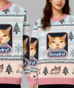 Alternative view of 2025 Christmas Pink Benadryl Meme Cat Ugly Sweater 