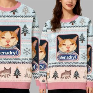 Alternative view of 2025 Christmas Pink Benadryl Meme Cat Ugly Sweater - Grishko.com