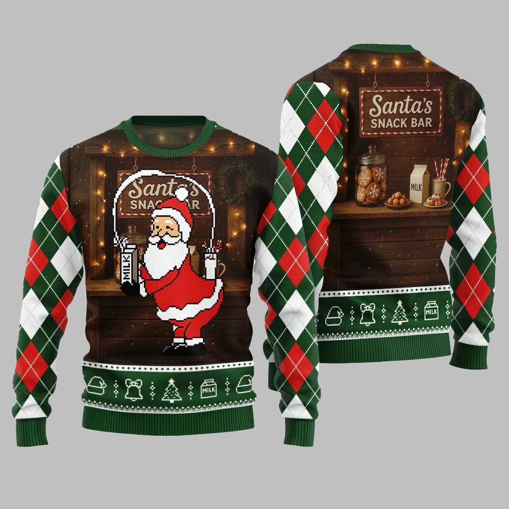 2025 Christmas Quirky Santa Snack Bar Ugly Christmas Sweater - Grishko.com