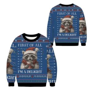 Alternative view of 2025 Christmas Raccoon First Of All Ugly Sweater - Grishko.com