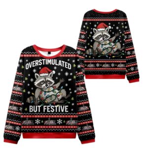 Alternative view of 2025 Christmas Raccoon Overstimulated But Festive Ugly Sweater - Grishko.com
