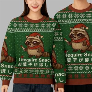 Alternative view of 2025 Christmas Raccoons Need Snacks Funny Ugly Sweater - Grishko.com