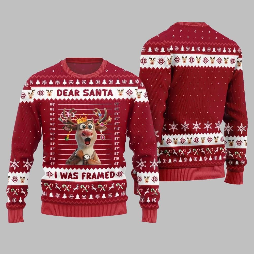 2025 Christmas Reindeer Dear Santa I Was Framed Ugly Christmas Sweater - Grishko.com