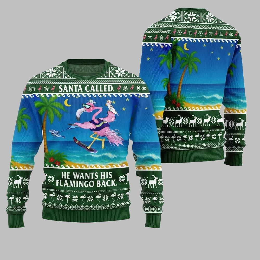 2025 Christmas Santa Called He Wants His Flamingo Back Ugly Christmas Sweater - Grishko.com - Image 3