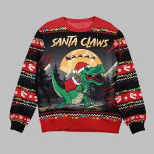 2025 Christmas Santa Claws T-Rex Christmas Dinosaur Ugly Sweater - Grishko.com