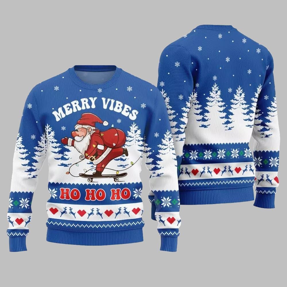 2025 Christmas Santa Merry Vibes Ho Ho Ho Ugly Christmas Sweater - Image 3