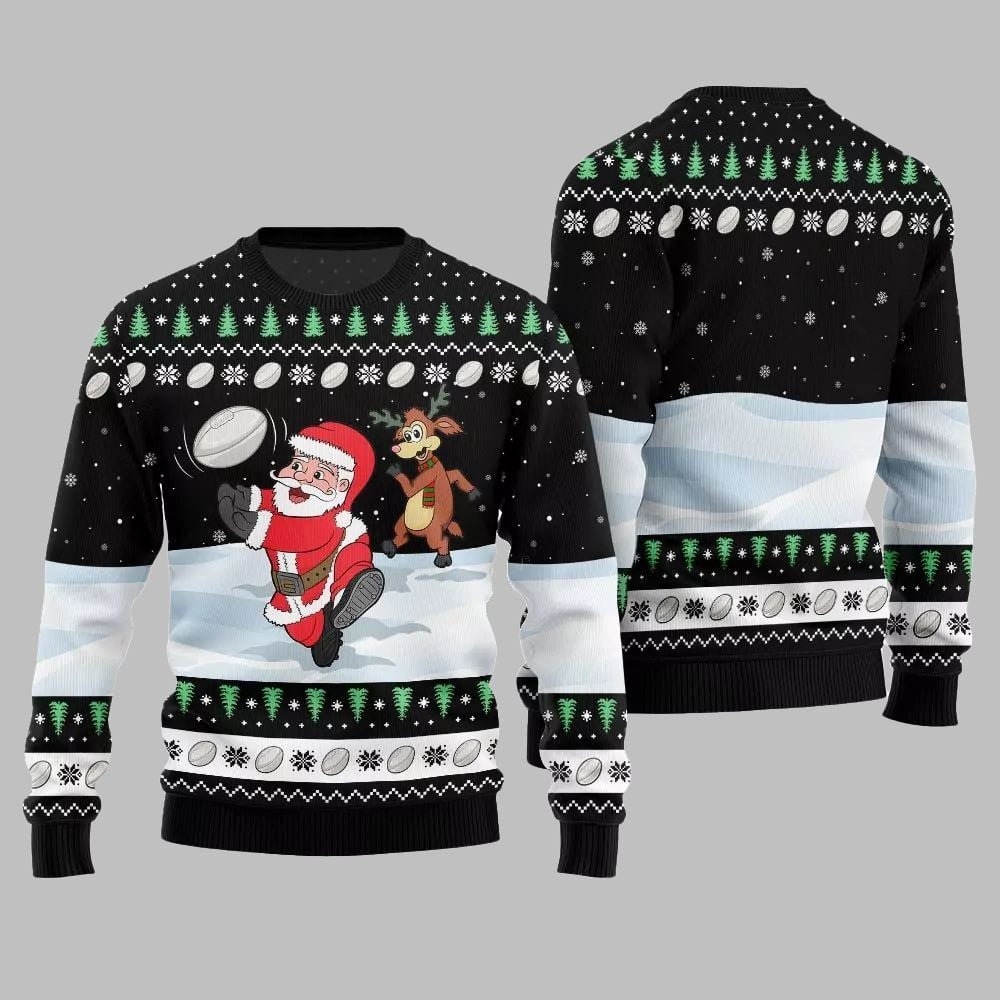 2025 Christmas Santa Playing Rugby Ugly Christmas Sweater - Image 3