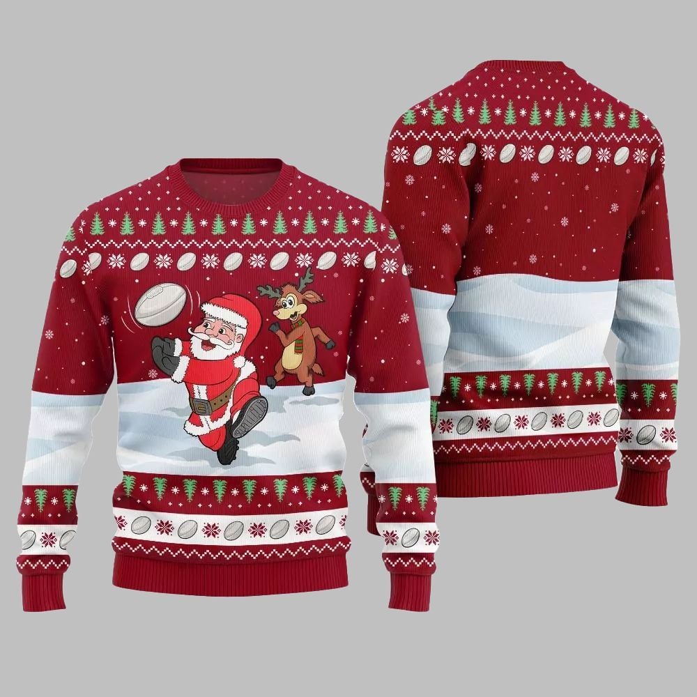 2025 Christmas Santa Playing Rugby Ugly Christmas Sweater - Grishko.com
