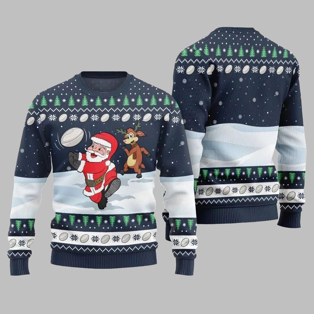 2025 Christmas Santa Playing Rugby Ugly Christmas Sweater - Image 5