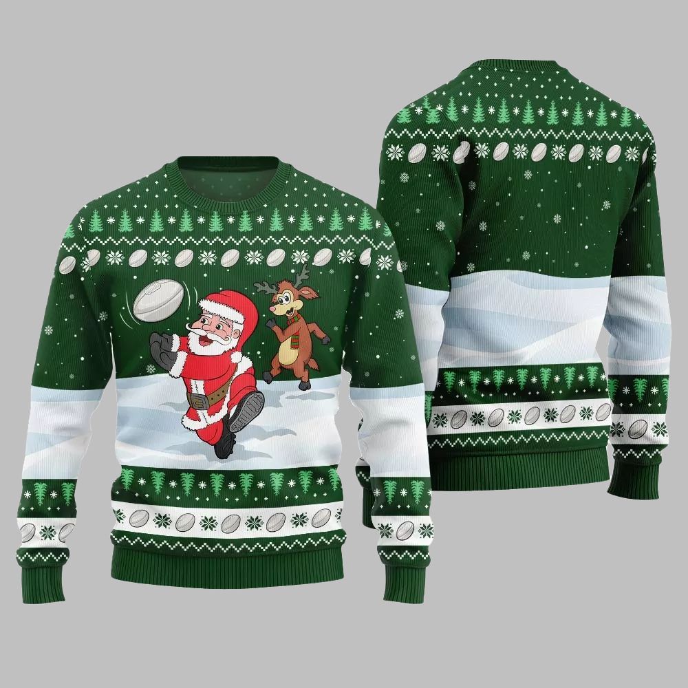 2025 Christmas Santa Playing Rugby Ugly Christmas Sweater - Image 4
