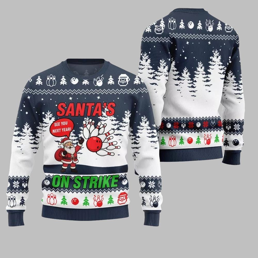 2025 Christmas Santas On Strike Bowling League Ugly Christmas Sweater - Image 5
