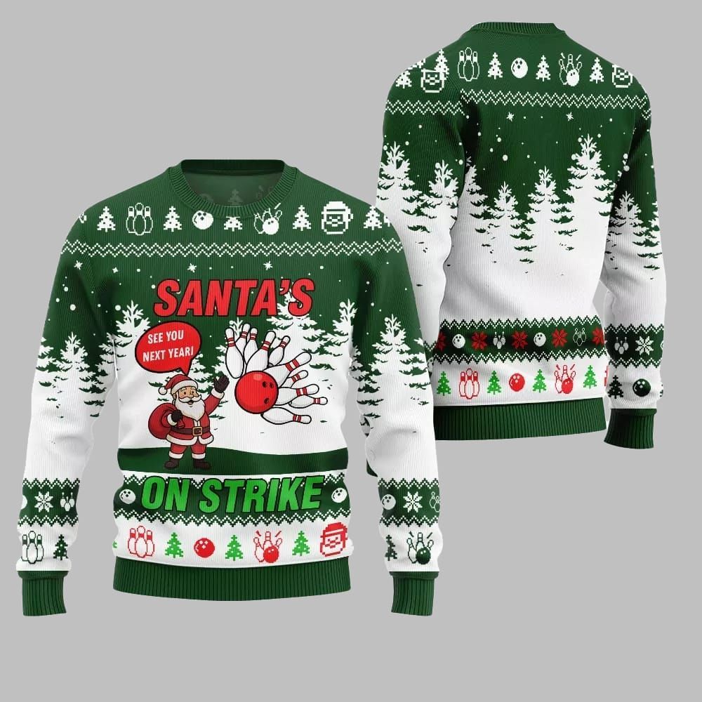 2025 Christmas Santas On Strike Bowling League Ugly Christmas Sweater - Grishko.com