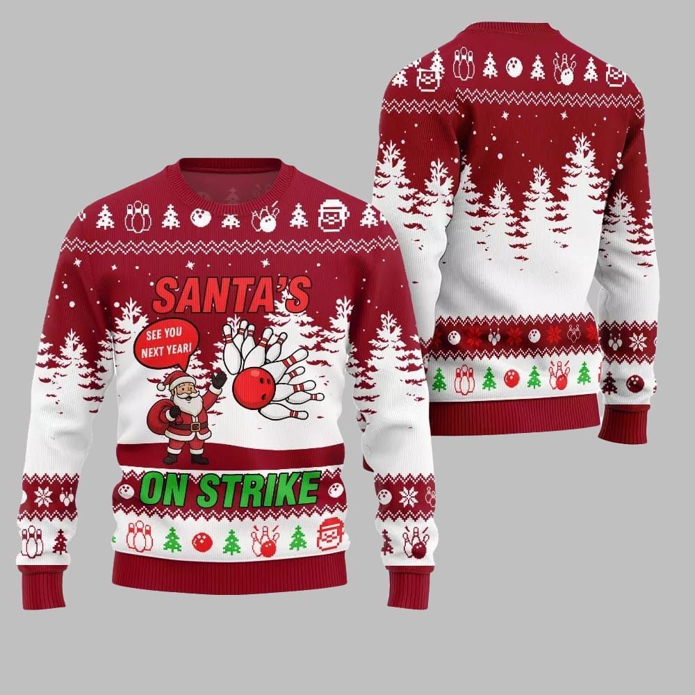 2025 Christmas Santas On Strike Bowling League Ugly Christmas Sweater - Image 4