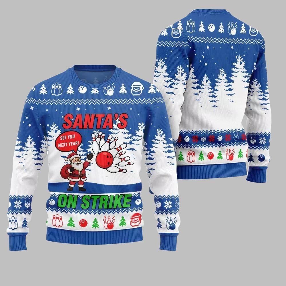 2025 Christmas Santas On Strike Bowling League Ugly Christmas Sweater - Image 3