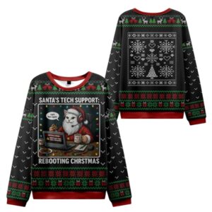 Alternative view of 2025 Christmas Santa's Tech Support Cats Rebooting Ugly Sweater - Grishko.com