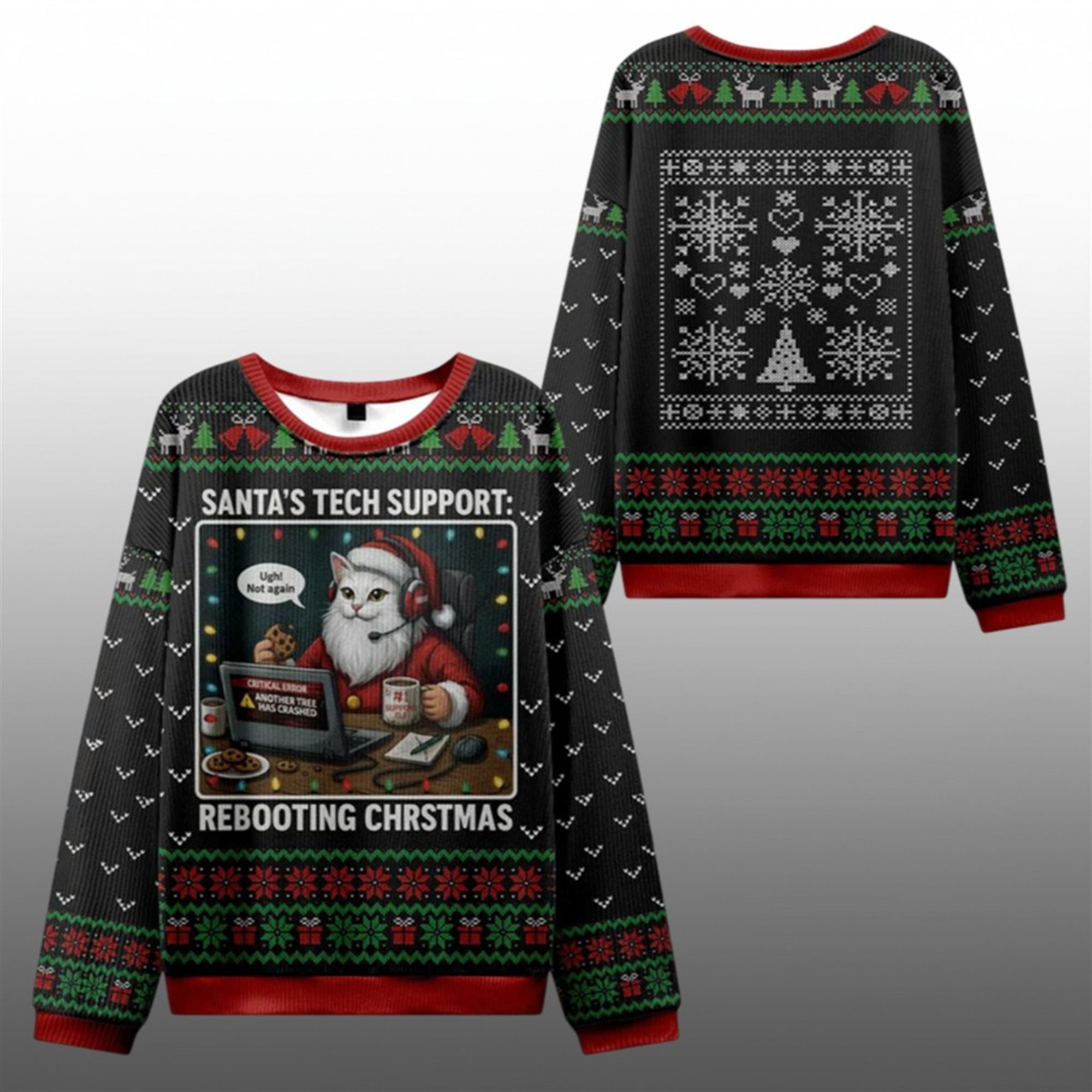 2025 Christmas Santa's Tech Support Cats Rebooting Ugly Sweater - Grishko.com