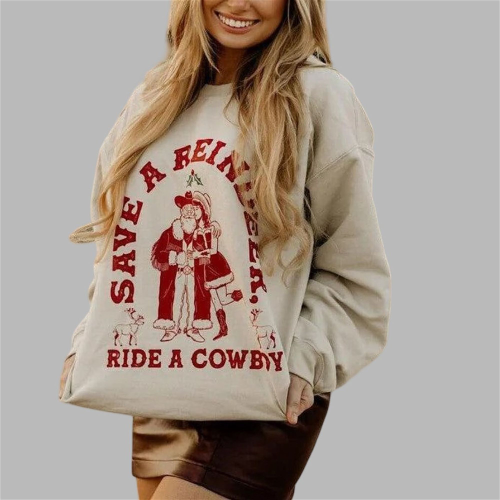 2025 Christmas Save A Reindeer Ride A Cowboy Ugly Sweater - Image 4