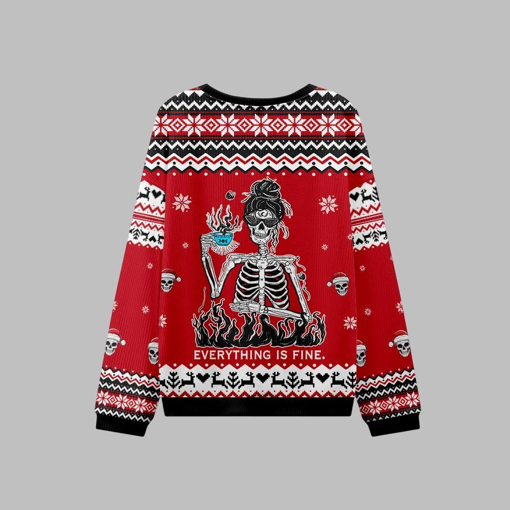 2025 Christmas Skull Everything Is Fine Ugly Christmas Sweater - Grishko.com - Image 3