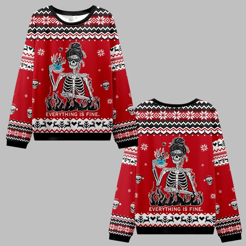 2025 Christmas Skull Everything Is Fine Ugly Christmas Sweater - Grishko.com