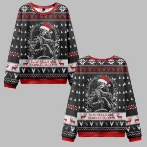 2025 Christmas Slay Bells and Scarlet Blooms Ugly Christmas Sweater - Grishko.com