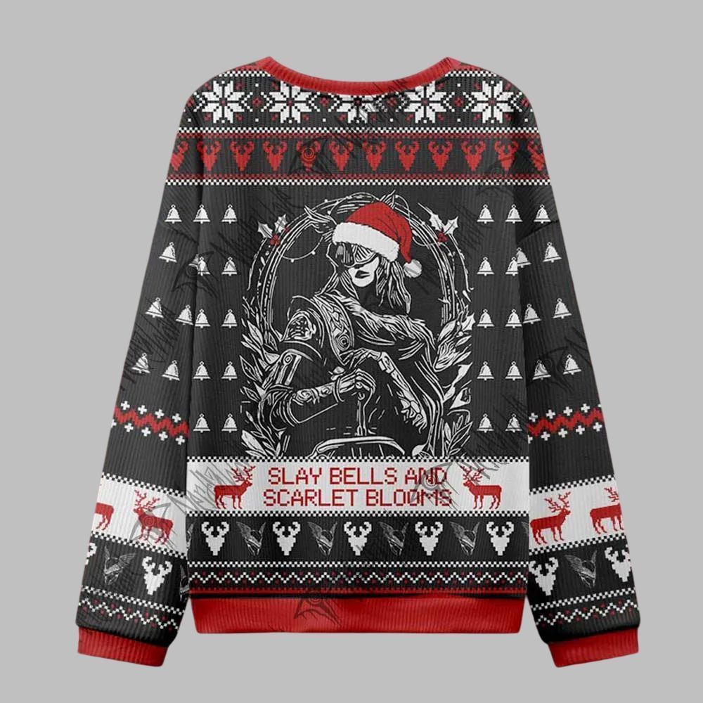 2025 Christmas Slay Bells and Scarlet Blooms Ugly Christmas Sweater - Image 3