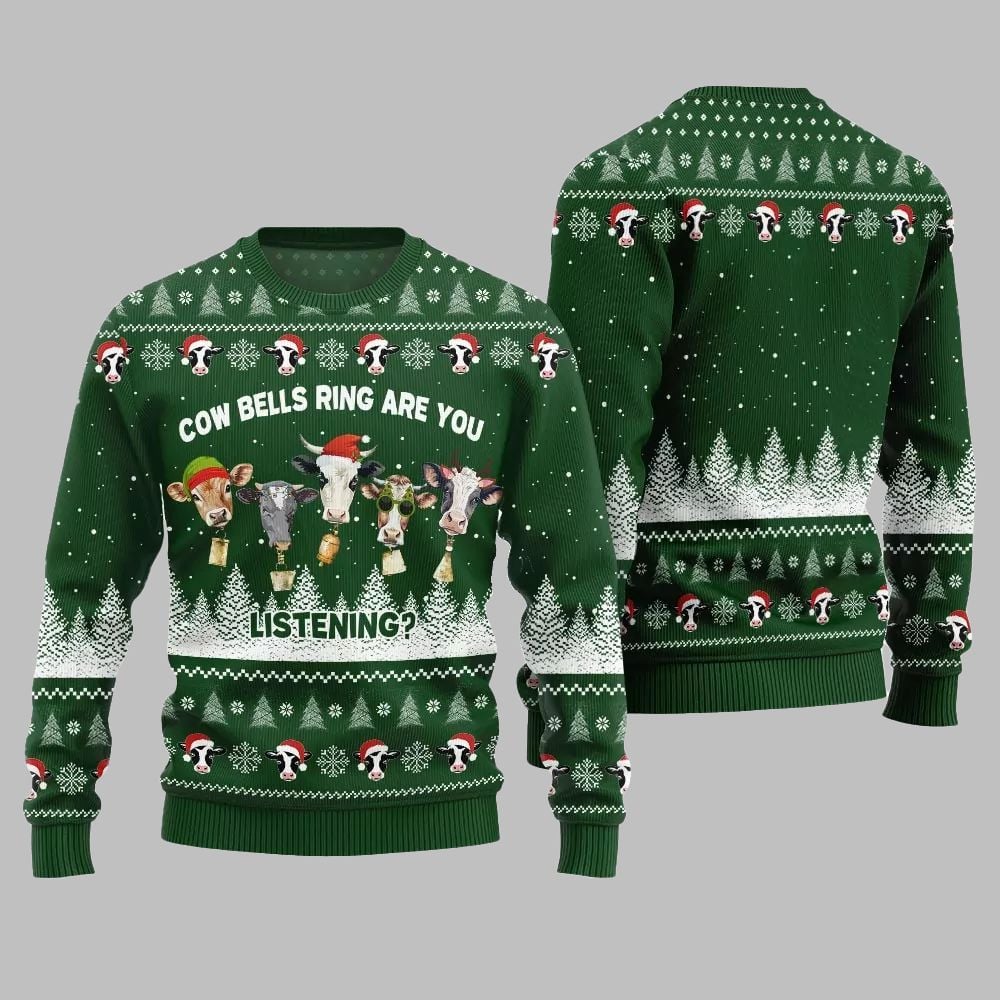 2025 Christmas Sleepy Cow Bells Ring Are You Listening Ugly Christmas Sweater - Grishko.com