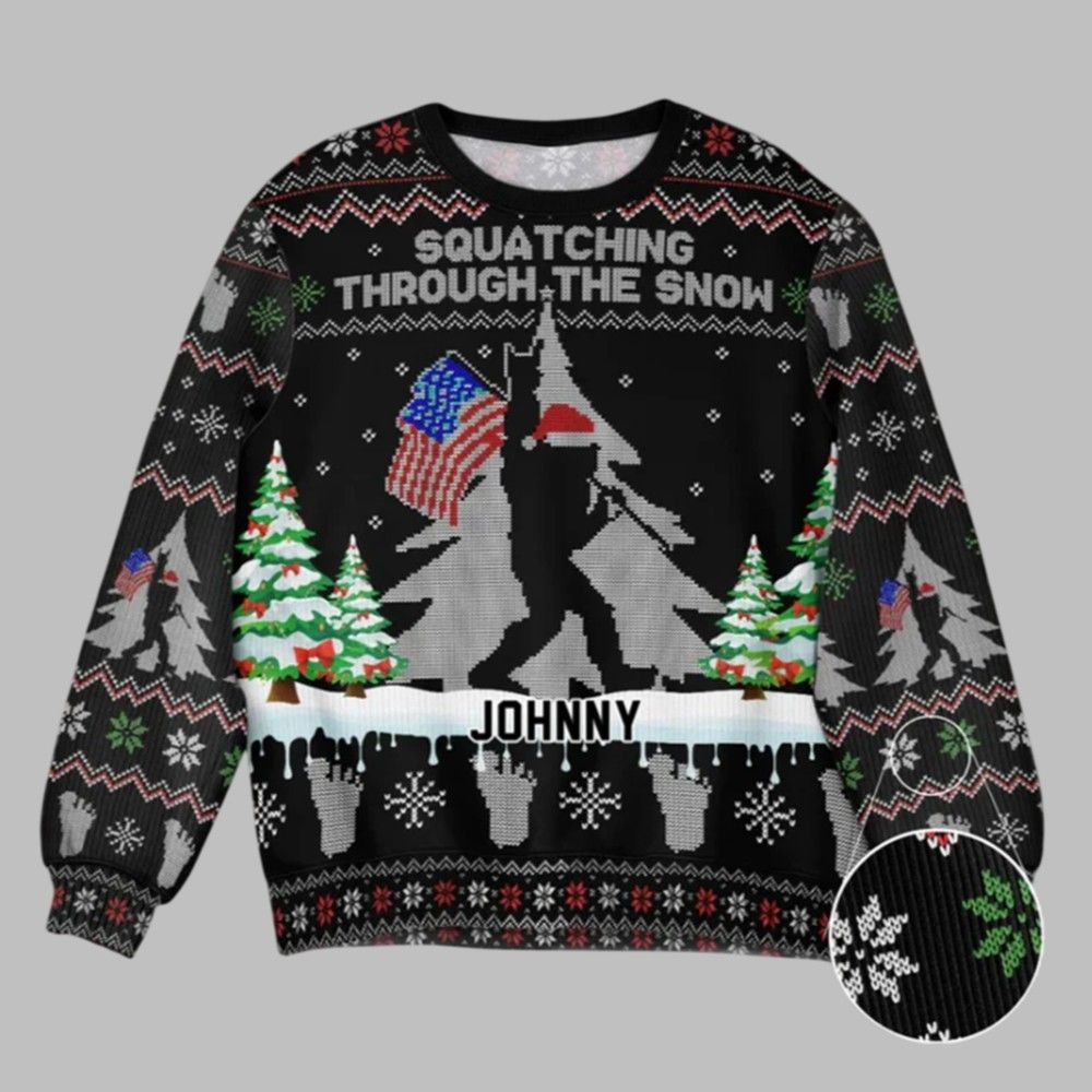 2025 Christmas Squatching Through The Snow American Bigfoot Ugly Christmas Sweater - Grishko.com