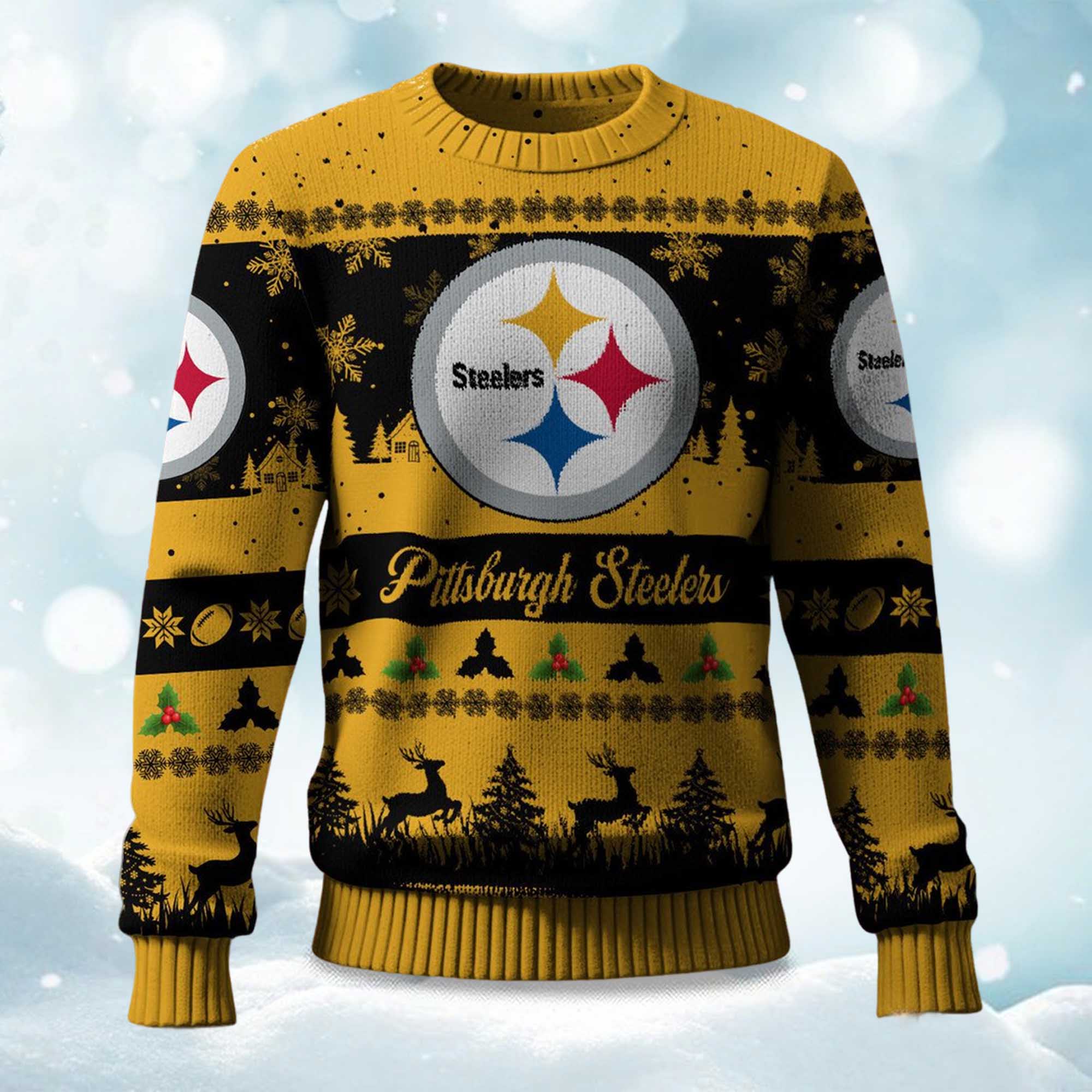 2025 Christmas Steelers Festive Reindeer & Tree Ugly Sweater