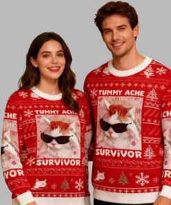 Alternative view of 2025 Christmas Tummy Ache Survivor Funny Cat Meme Ugly Sweater 