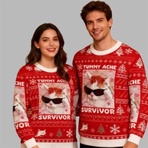 Alternative view of 2025 Christmas Tummy Ache Survivor Funny Cat Meme Ugly Sweater - Grishko.com
