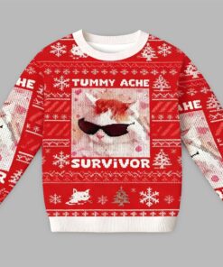 2025 Christmas Tummy Ache Survivor Funny Cat Meme Ugly Sweater 