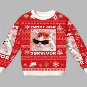 2025 Christmas Tummy Ache Survivor Funny Cat Meme Ugly Sweater - Grishko.com