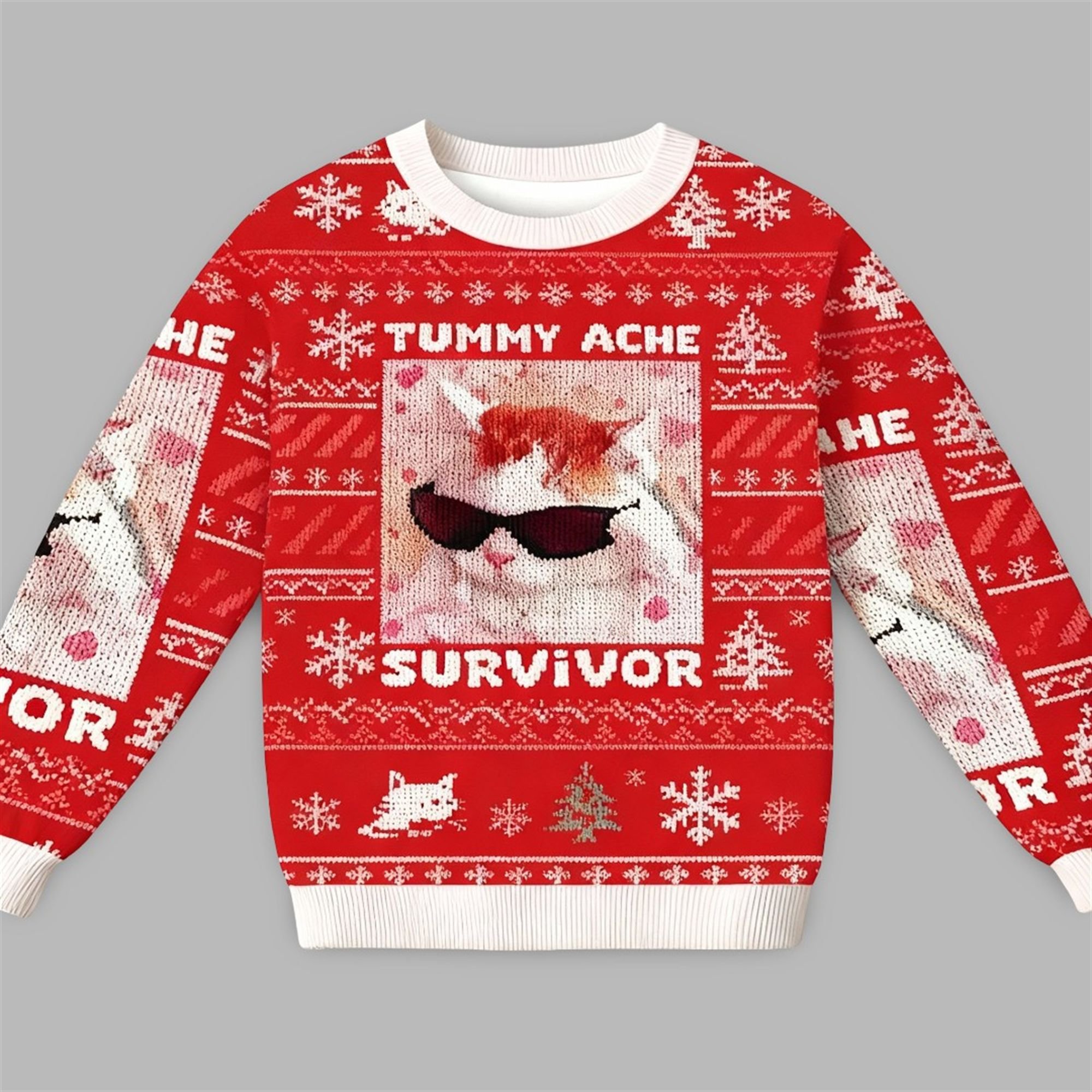 2025 Christmas Tummy Ache Survivor Funny Cat Meme Ugly Sweater - Grishko.com
