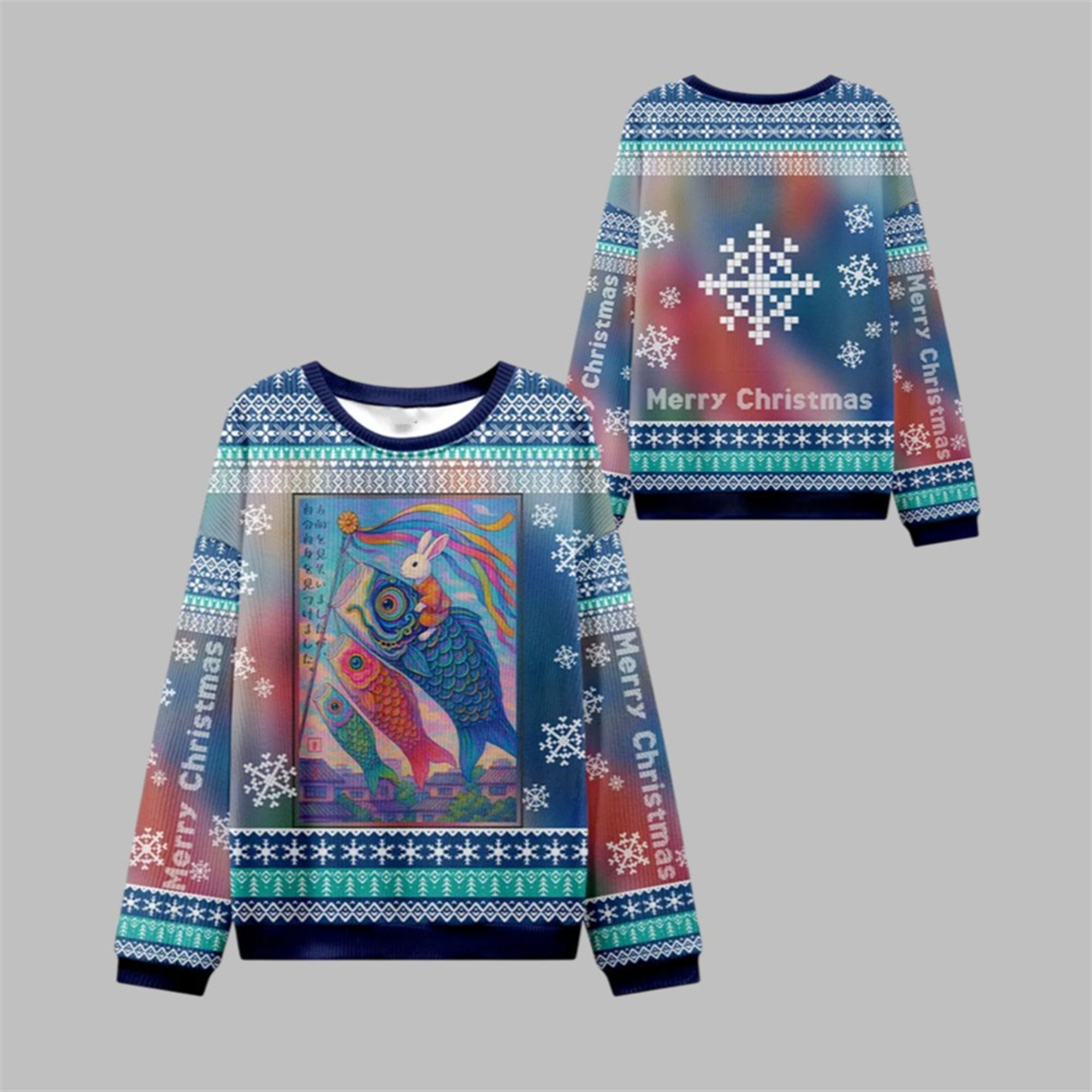 2025 Christmas Ukiyoe Rabbit Ride Carp Ugly Sweater - Grishko.com