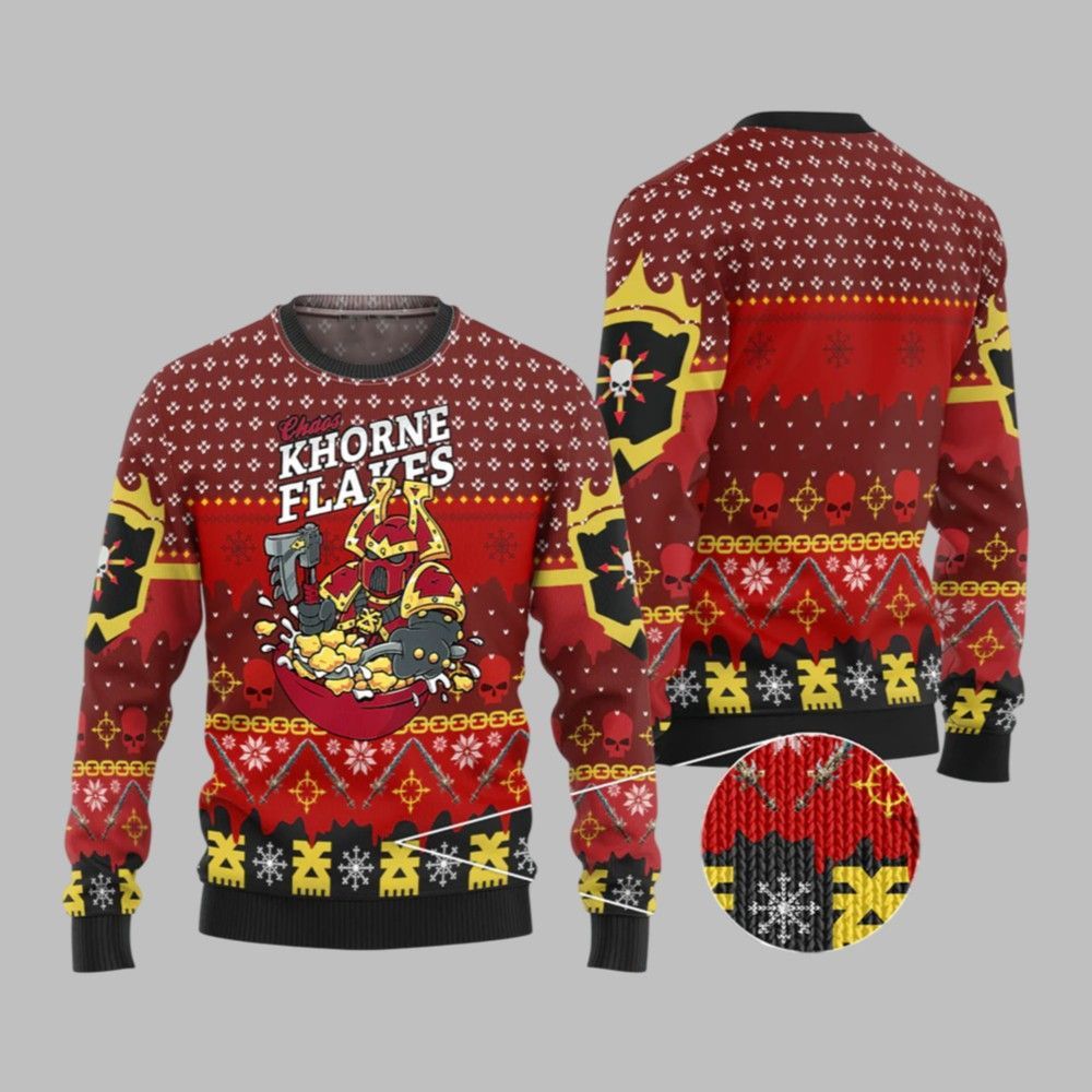 2025 Christmas Warhammer Chaos Khorne Flakes Iconic Ugly Christmas Sweater - Grishko.com