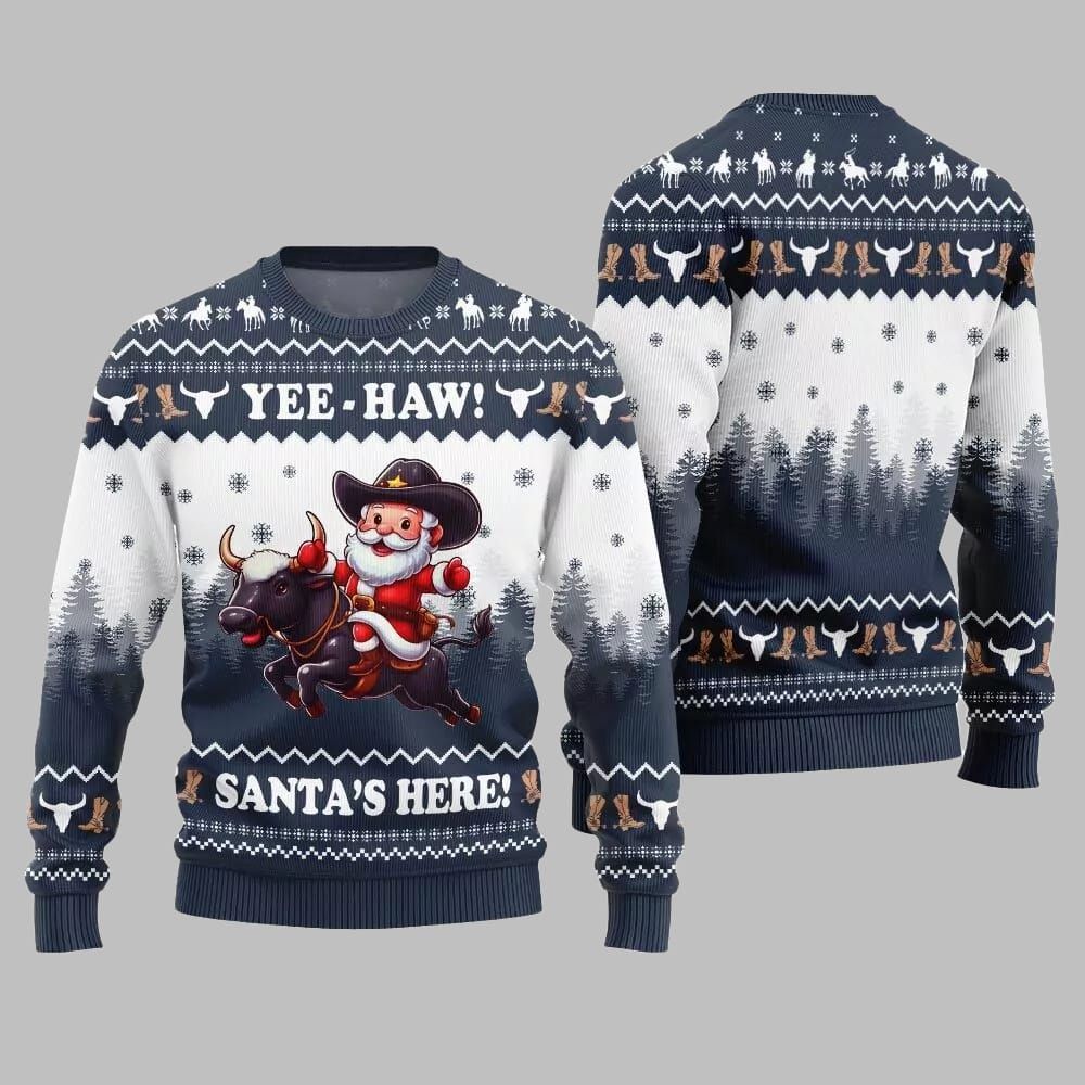 2025 Christmas Yee Haw Santas Here Ugly Christmas Sweater - Image 4