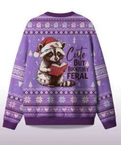 Alternative view of 2025 Cute But Bookishly Feral Raccoon Ugly Christmas Sweater