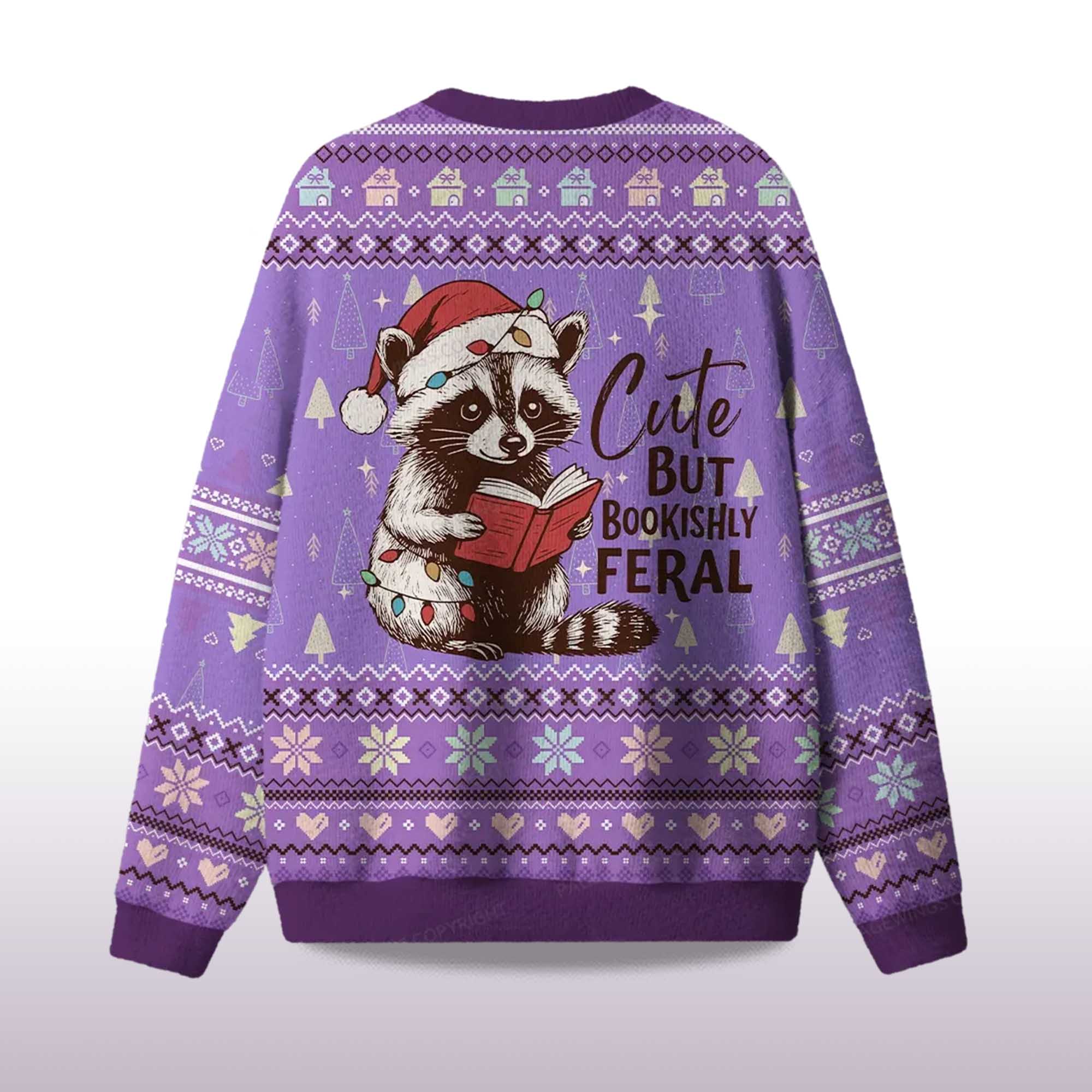 Alternative view of 2025 Cute But Bookishly Feral Raccoon Ugly Christmas Sweater
