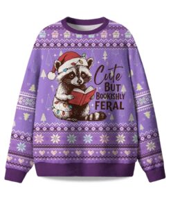 2025 Cute But Bookishly Feral Raccoon Ugly Christmas Sweater
