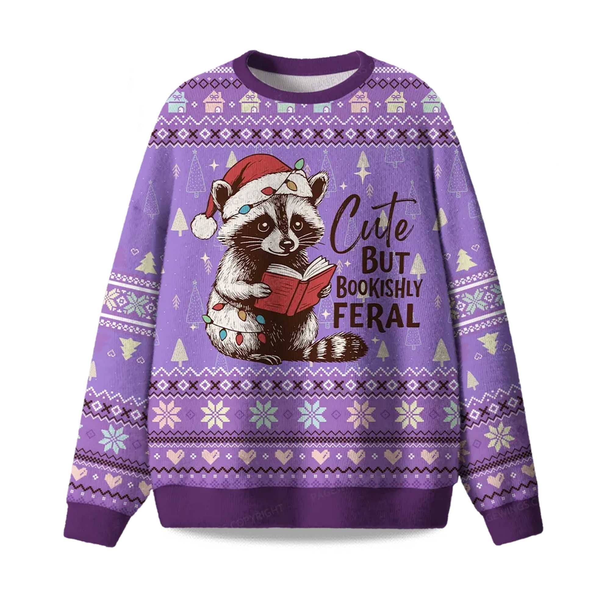 2025 Cute But Bookishly Feral Raccoon Ugly Christmas Sweater