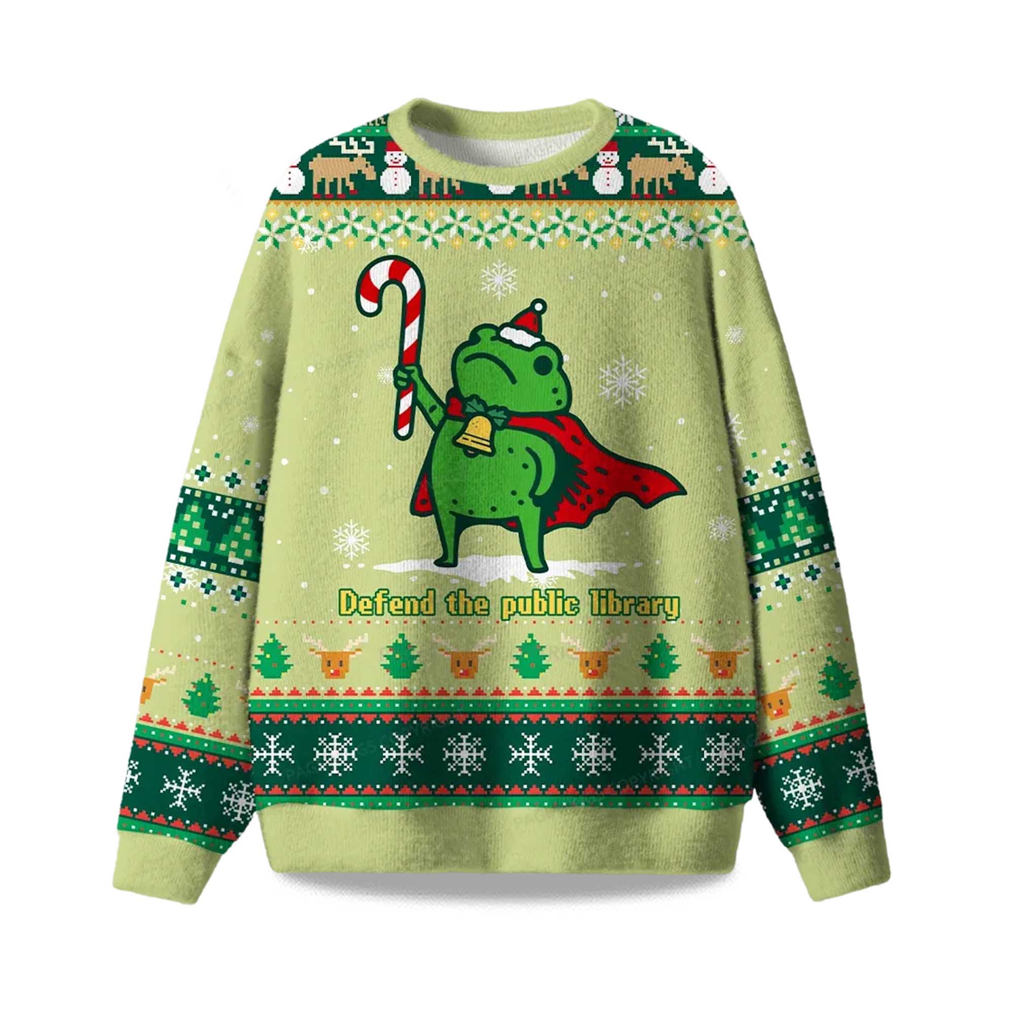2025 Defend The Public Library Frog Ugly Christmas Sweater