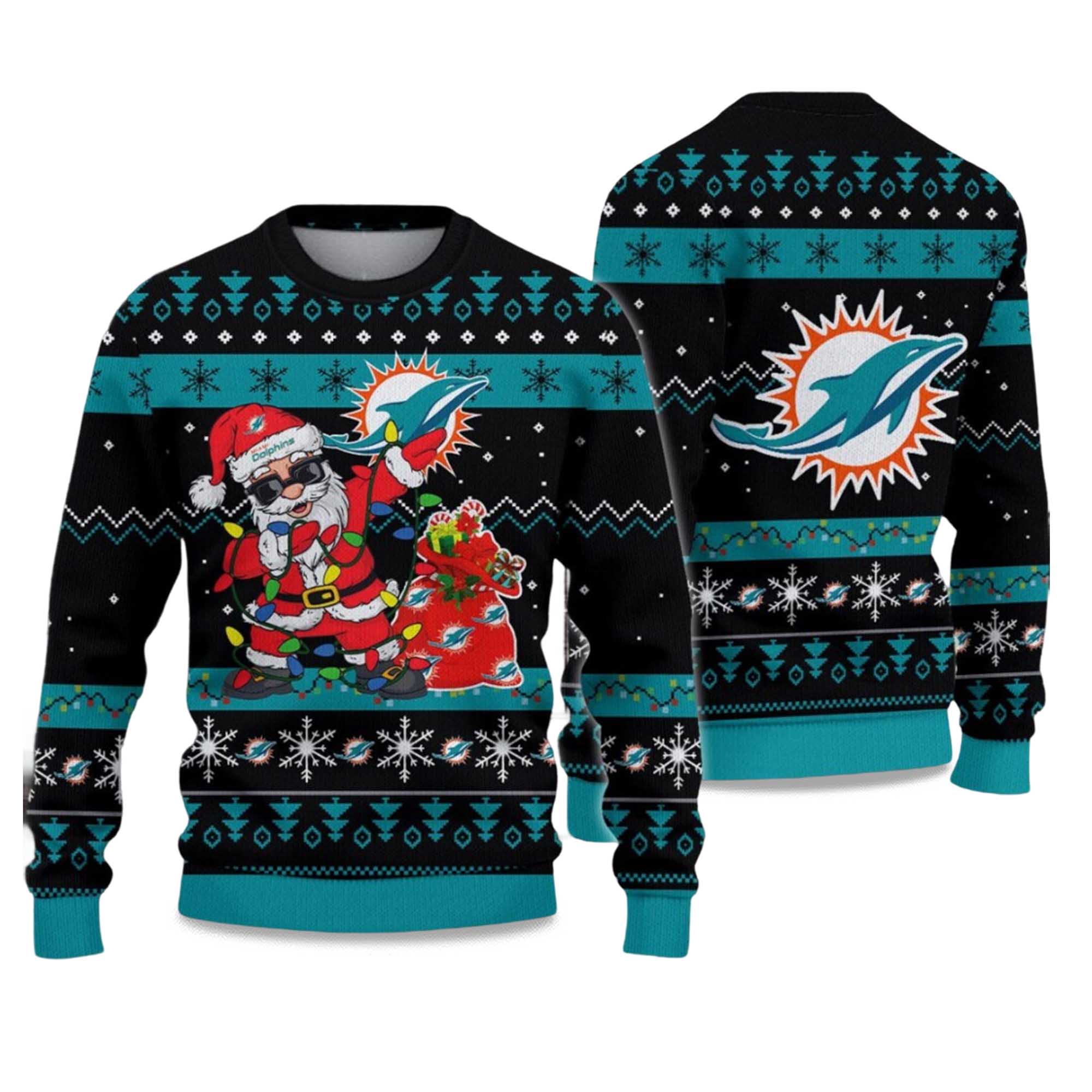 2025 Dolphins Santa Claus Ugly Christmas Sweater